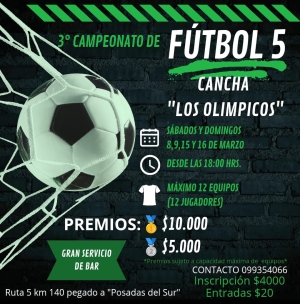 3&deg; Campeonato de F&uacute;tbol 5 se disputar&aacute; en marzo en Complejo Deportivo "Los Ol&iacute;mpicos" de Sarand&iacute; Grande