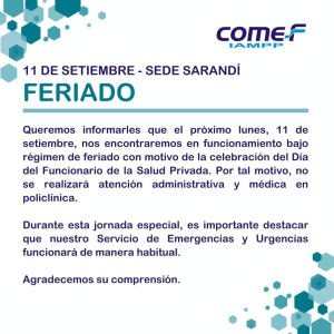 COMEF informa que el lunes la sede de Sarand&iacute; Grande funcionar&aacute; bajo r&eacute;gimen de feriado