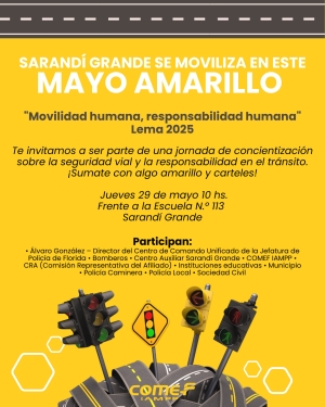 Sarand&iacute; Grande se sumar&aacute; a campa&ntilde;a mundial Mayo Amarillo 2025 con jornada de concientizaci&oacute;n sobre seguridad vial