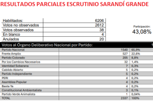 Con participaci&oacute;n del 43.08%, Partido Nacional obtuvo 65.9% en Sarand&iacute; Grande; FA 22.6% y Partido Colorado 8.8%