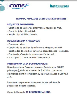 COMEF-IAMPP lanz&oacute; llamado para auxiliares de enfermer&iacute;a suplentes